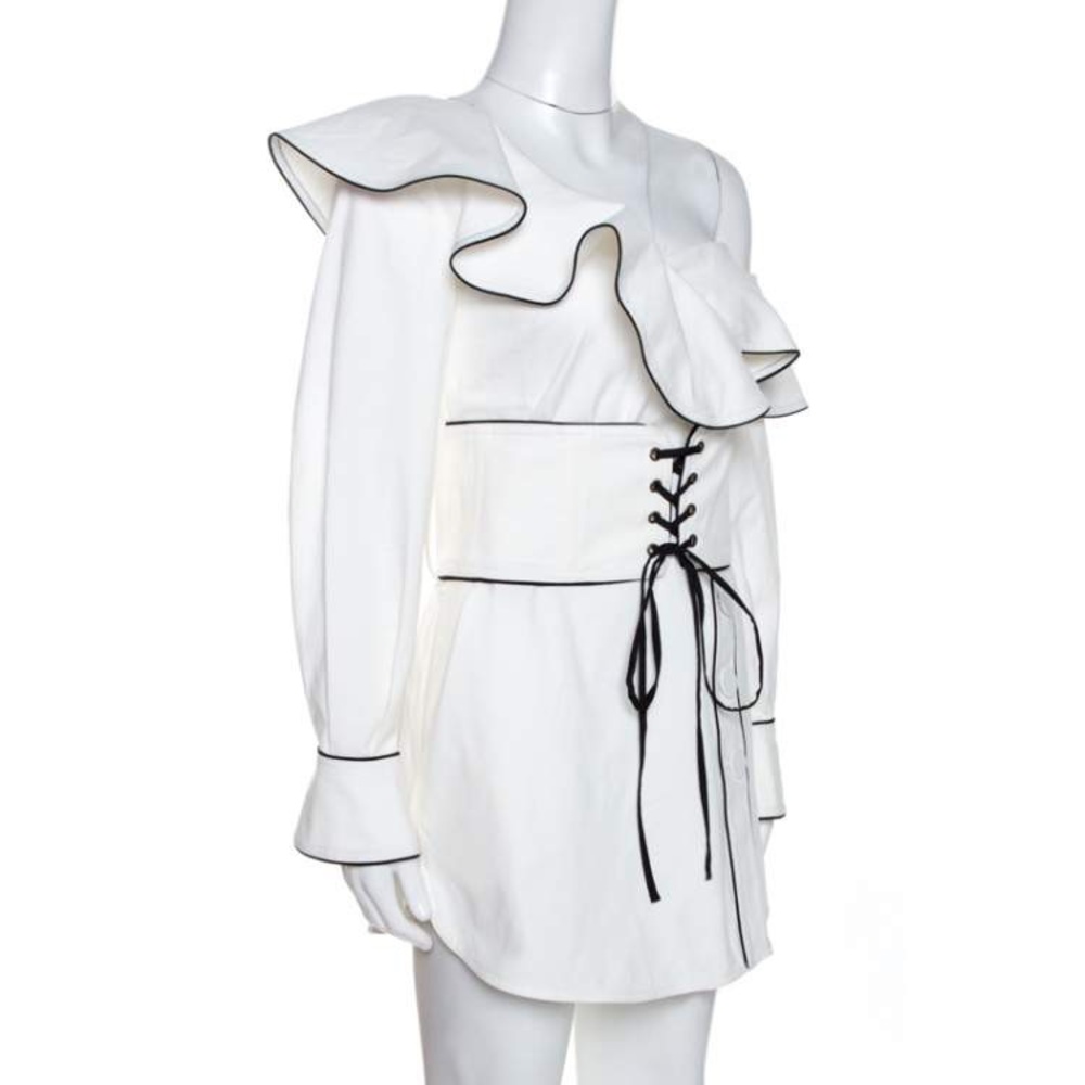 White Cotton One Shoulder Corset Belted Self Portrait Style size S